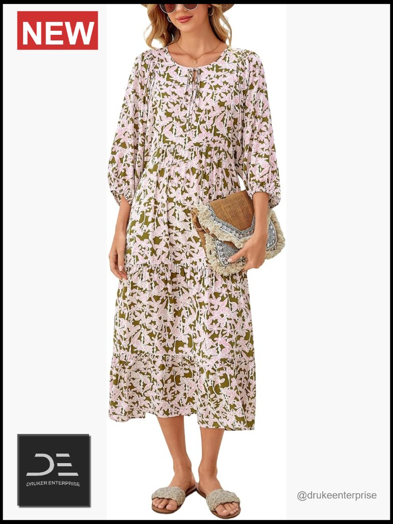 V Neck 3/4 Sleeve Boho Flowy Maxi Dress - Rayon